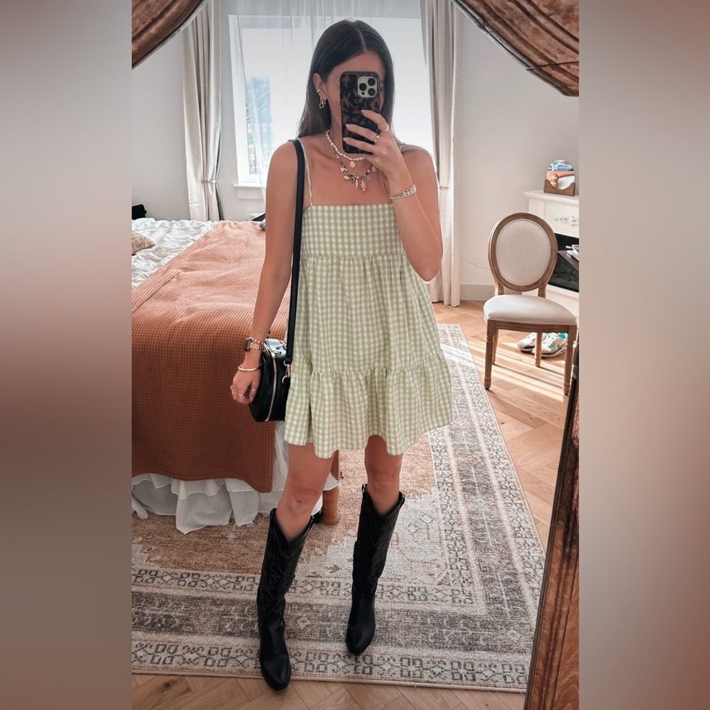 Gingham Tiered Spaghetti Strap Dress - Light Sage - Picture 8 of 8